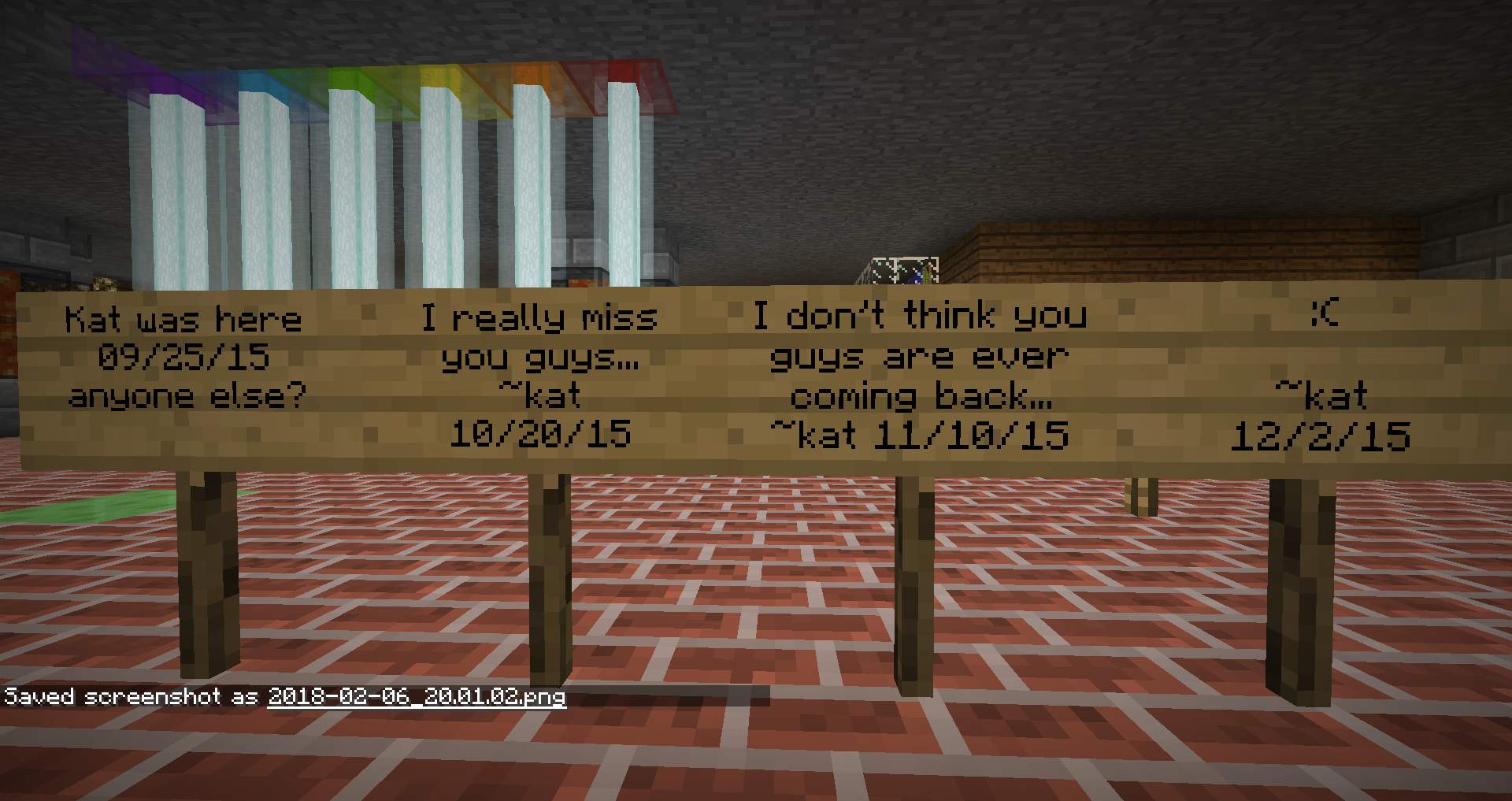 An abandoned Minecraft server, still running, with signposts left by the formerly close knit players yearning to reconnect.