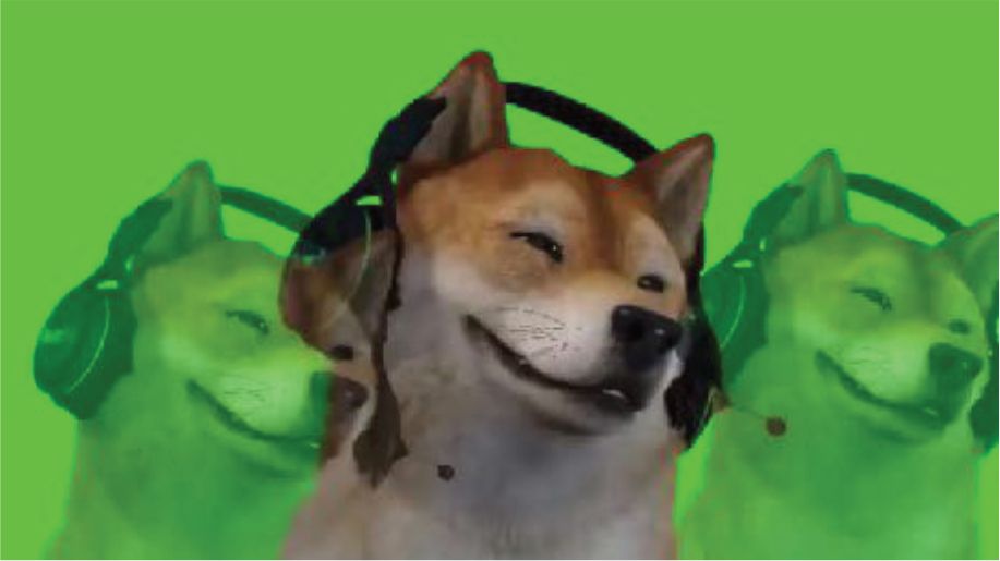 A 3D generated Shiba Inu, smiling and wearing headphones and set against a green screen