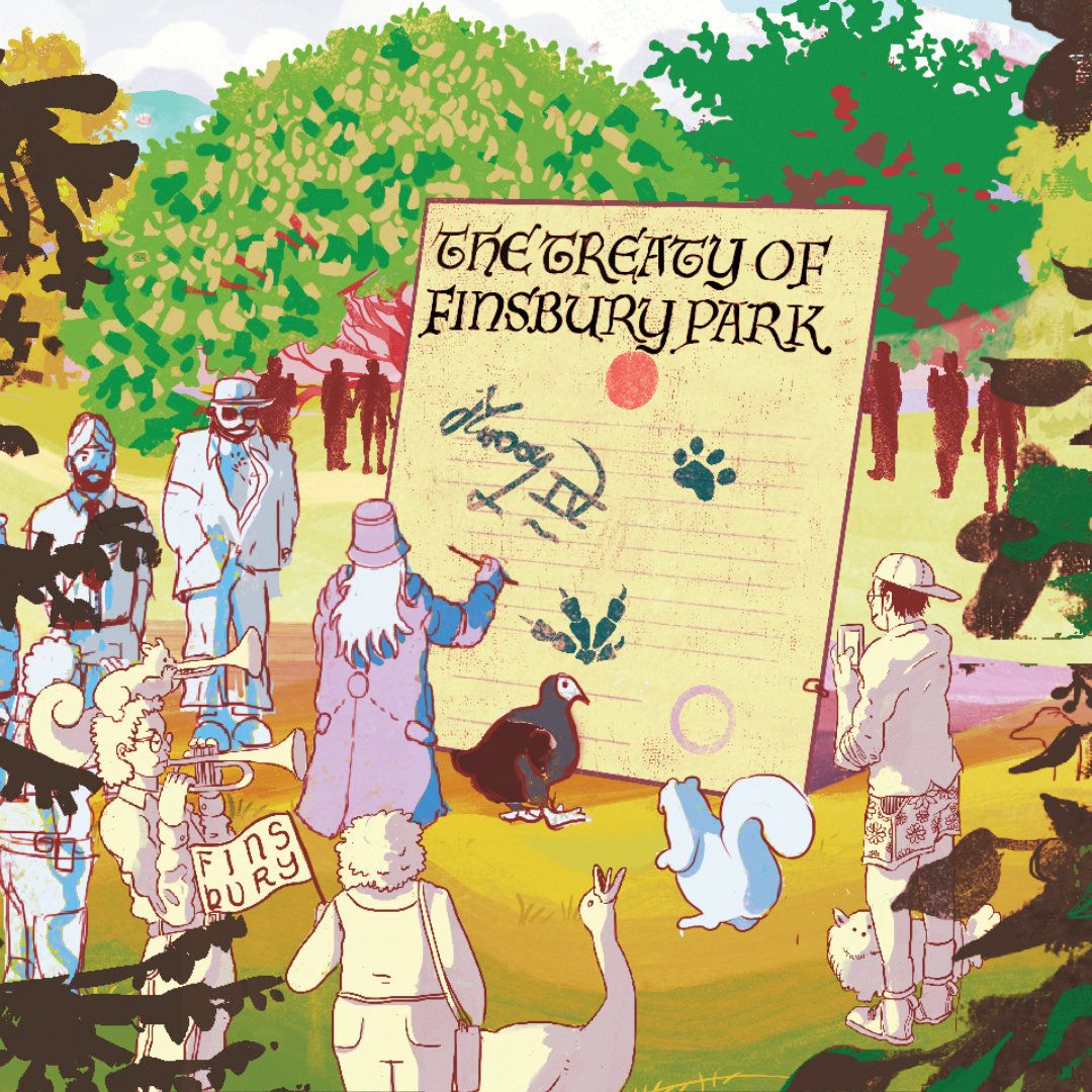 The Signing Ceremony, an artwork by Sajan Rai that depicts humans and non humans signing a giant Treaty of Finsbury Park