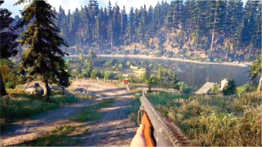 A screenshot of Far Cry 5 from the player's POV, overlooking a pine forest and lake. The player character is holding a pump action shotgun.