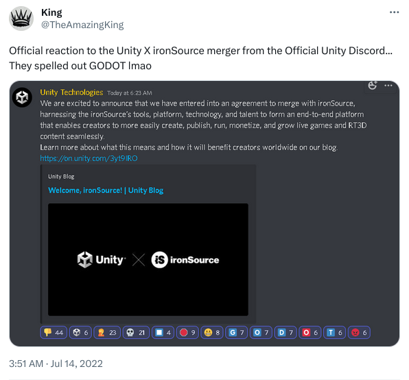 A screenshot of a social media post by @TheAmazingKing, showing the viceral pro-Godot reaction to the merger news between Unity and ironSource. The text of the post reads: "Official reaction to the Unity X ironSource merger from the Official Unity Discord... They spelled out GODOT lmao"