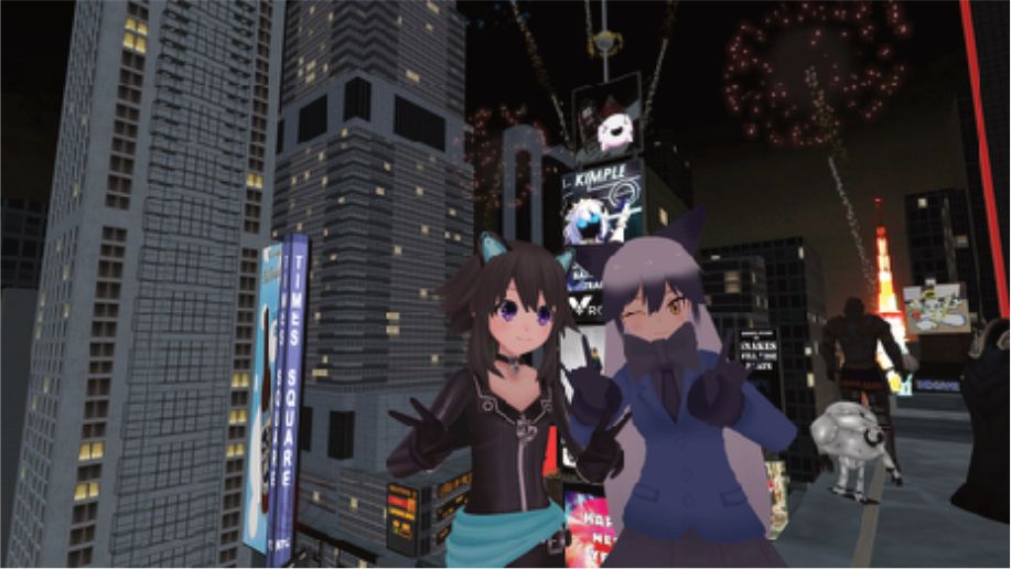 Two anime avatars celebrate the new year on a rooftop overlooking a grey cyberpunk city in VRChat. There are fireworks and other avatars in the background