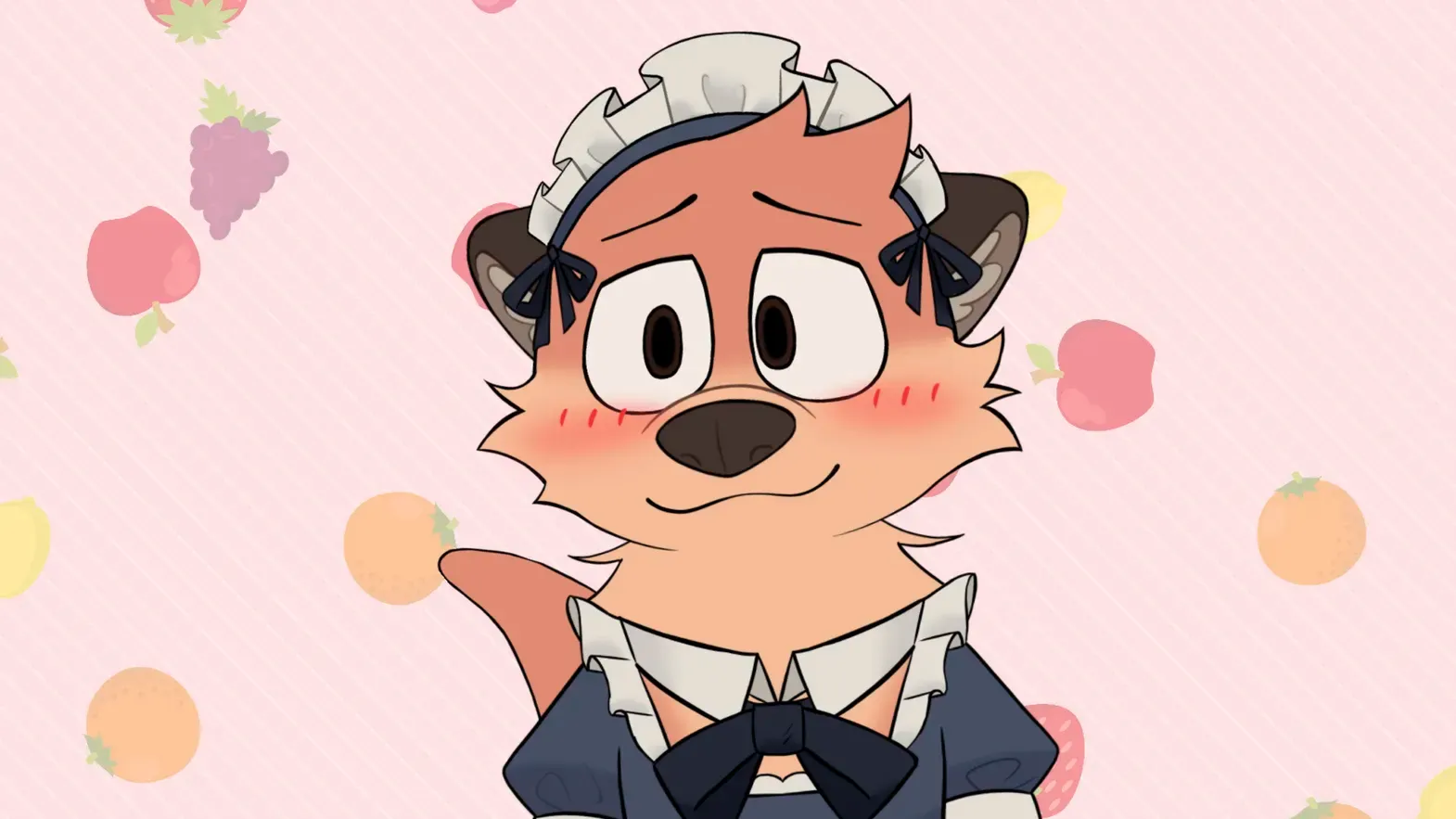 'Chester the Otter', a Vtuber avatar, depicted as an anthropomorphic otter in a maid outfit. Chester's fur is a blend of orange and white, with prominent, round eyes, and a small, endearing snout. The avatar is dressed in a traditional maid outfit with a dark blue sailor collar and a matching large bow, while blue ribbons adorn the ears. The background is a playful pink with a fruity pattern, enhancing the character's charming appeal.