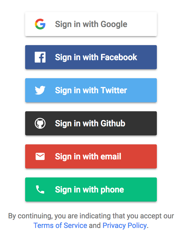 A web interface offering multiple sign-in options, each represented by a button with a logo and label: Google, Facebook, Twitter, GitHub, Email, and Phone. The buttons are colored to match the respective brand's theme. Below the buttons, text indicates acceptance of Terms of Service and Privacy Policy by proceeding.
