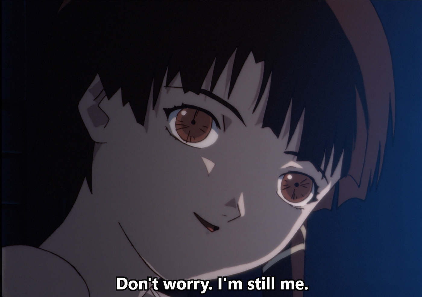 A closeup of Lain's eyes from Serial Experiments Lain