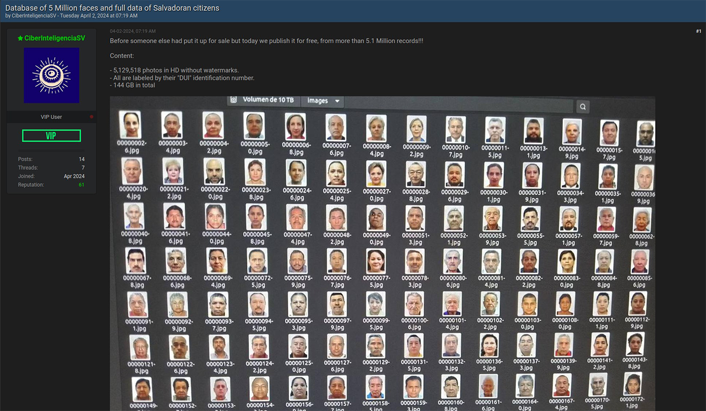 Figure: A screenshot from Breach Forums depicting part of the data dump of Salvadorian citizens, purportedly sourced from the Chivo mandatory bitcoin wallet.
