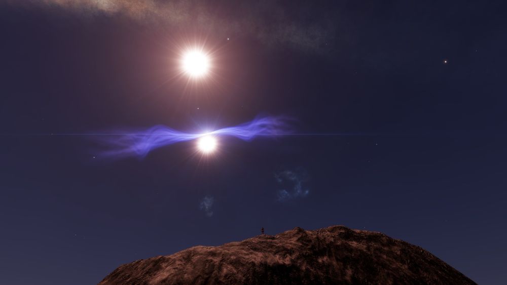Within the vastness of Elite Dangerous’ interstellar world, sightseeing players find planets or systems with visually stunning landscapes or landmarks, and then often share these locations on Reddit and Discord. Here, I stand on a mountaintop as directed from the broader Elite Dangerous community, watching a neutron star as it passes through the interlocking orbit of twin suns. It's like watching an eclipse.
